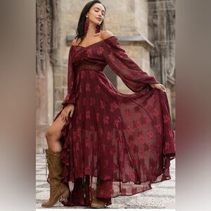 Elegant Burgundy Off-Shoulder Dress - Joyfolie